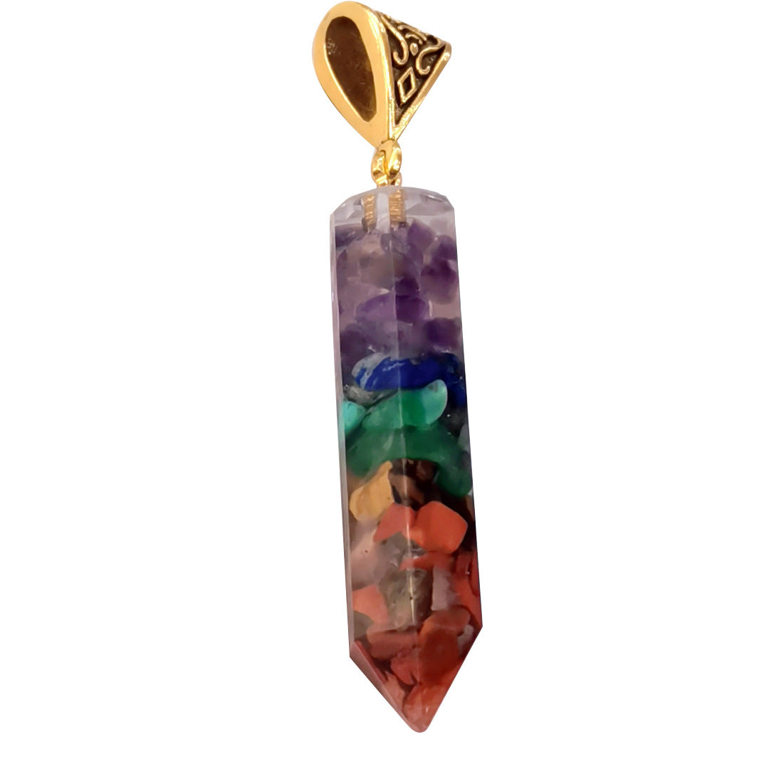 Seven Chakra Natural Crushed Stone Hexagon Column Necklace - Aura Balancing Pendant