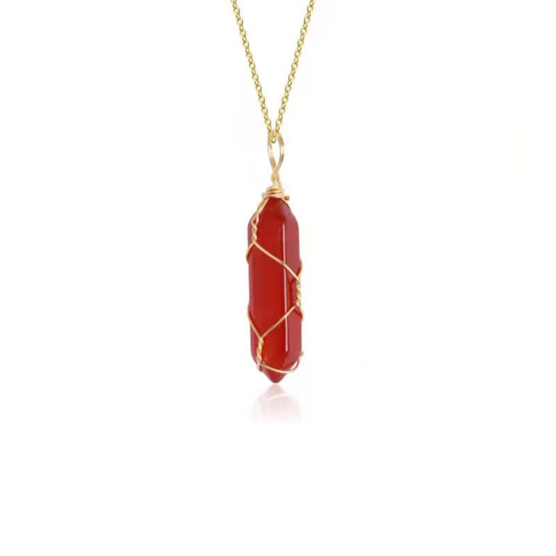 Radiant Red Crystal Prism Pendant with Copper Wire Wrap on Water Wave Chain