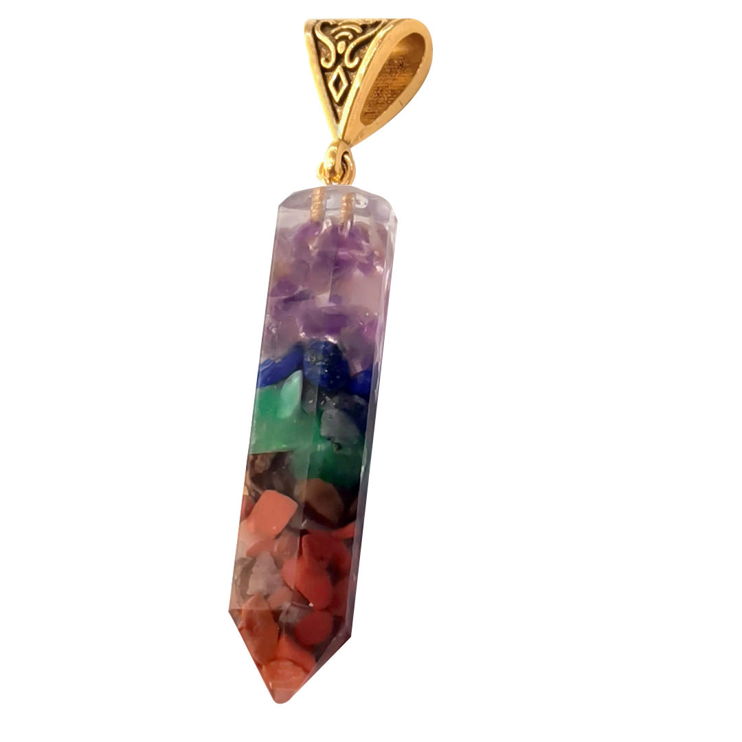 Seven Chakra Natural Crushed Stone Hexagon Column Necklace - Aura Balancing Pendant