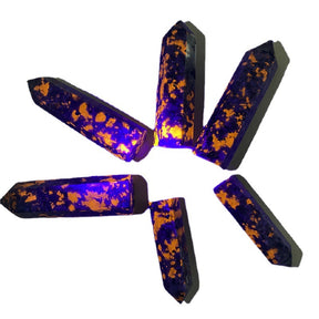 Luminous Luminary: Natural Flame Stone Crystal Column in Radiant Purple Fluorescence