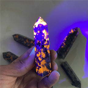 Luminous Luminary: Natural Flame Stone Crystal Column in Radiant Purple Fluorescence