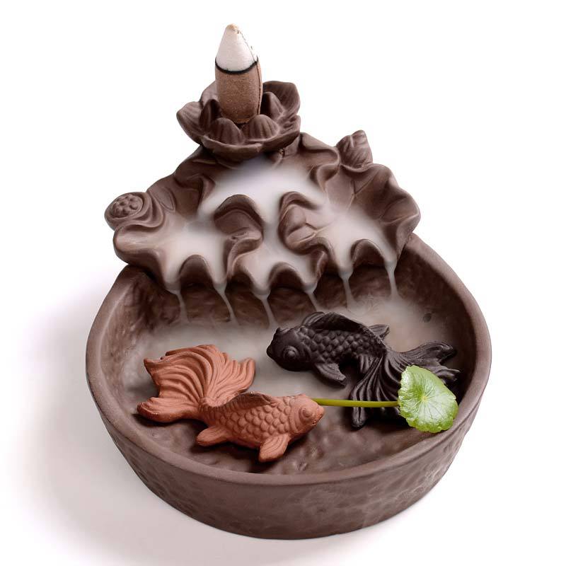 Celestial Lotus Fish Incense Burner: A Dance of Fish Amongst Cloudy Mystique