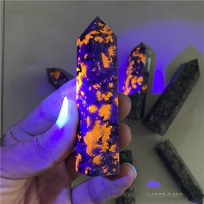 Luminous Luminary: Natural Flame Stone Crystal Column in Radiant Purple Fluorescence