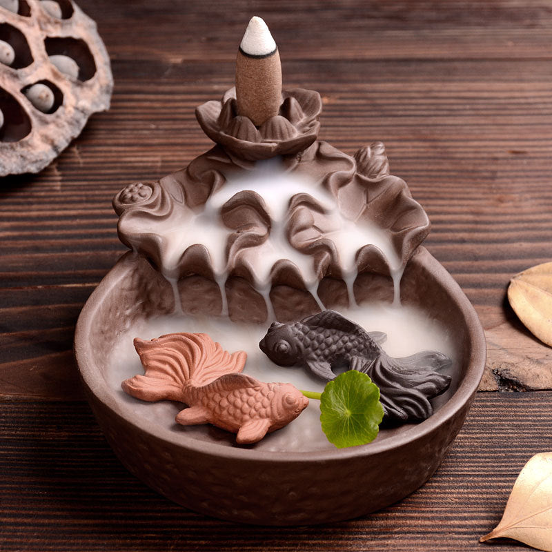 Celestial Lotus Fish Incense Burner: A Dance of Fish Amongst Cloudy Mystique