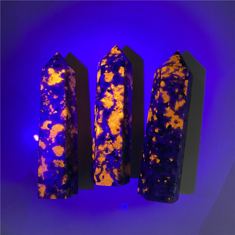 Luminous Luminary: Natural Flame Stone Crystal Column in Radiant Purple Fluorescence