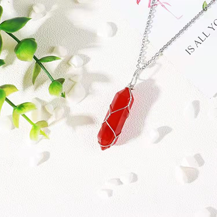 Radiant Red Crystal Prism Pendant with Copper Wire Wrap on Water Wave Chain