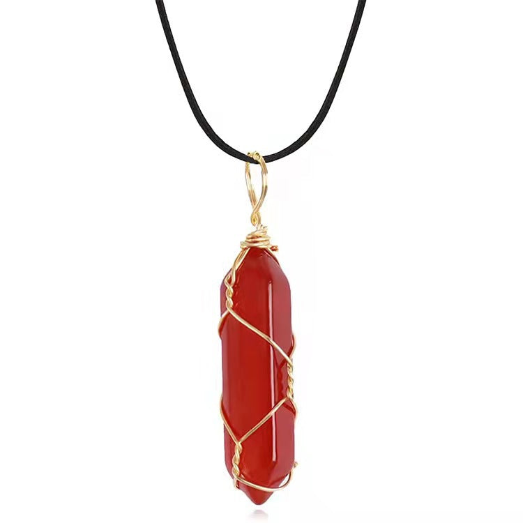 Radiant Red Crystal Prism Pendant with Copper Wire Wrap on Water Wave Chain