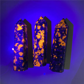 Luminous Luminary: Natural Flame Stone Crystal Column in Radiant Purple Fluorescence