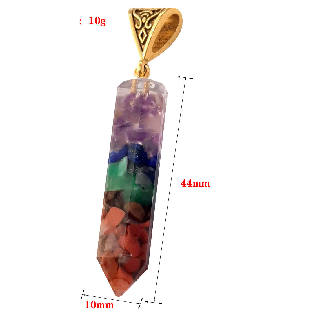 Seven Chakra Natural Crushed Stone Hexagon Column Necklace - Aura Balancing Pendant