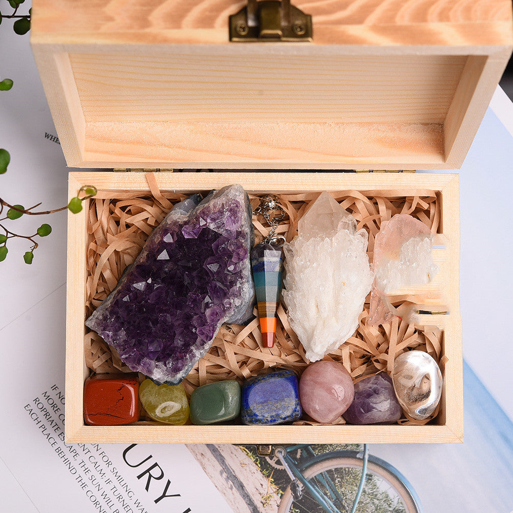 Natural Crystal Quarry Gift Box with Chakra Pendulum Amulet