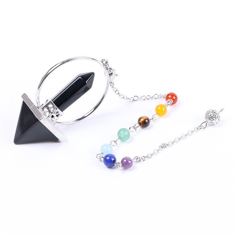 Black Obsidian Pyramid Pendulum with 7 Chakra Chain for Sacred Divination and Dowsing