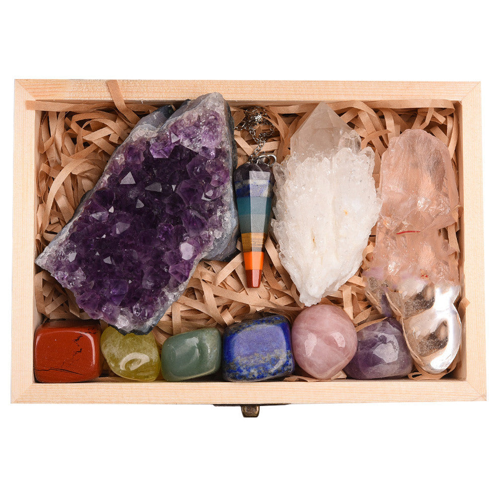 Natural Crystal Quarry Gift Box with Chakra Pendulum Amulet