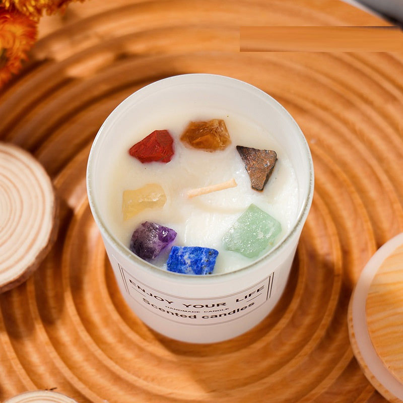 Natural Crystal Stone Aromatherapy Candle with Chakra Stones - Handmade Gift